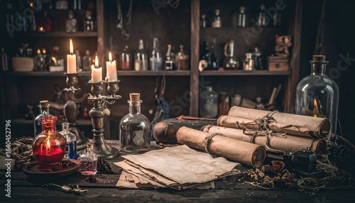 Antique apothecary with scrolls and candles
