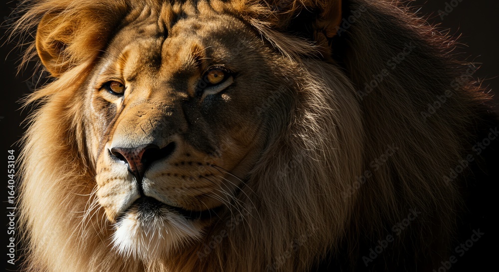 Naklejka premium Majestic Lion with Golden Mane and Intense Expression in Dark Lighting for Wildlife and Nature Photography