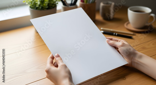 Blank Paper Mockup Hands Holding White Sheet A4 Size Design Template Office Workspace Cozy Atmosphere