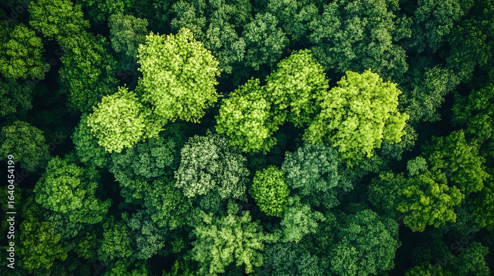 Naklejka premium Dense forest canopy, viewed from above. Lush green trees
