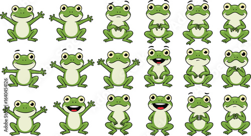 Cute cartoon frog characters with various emotions and poses, green amphibians, expressive animals, funny frogs collection, wildlife illustrations, kids design