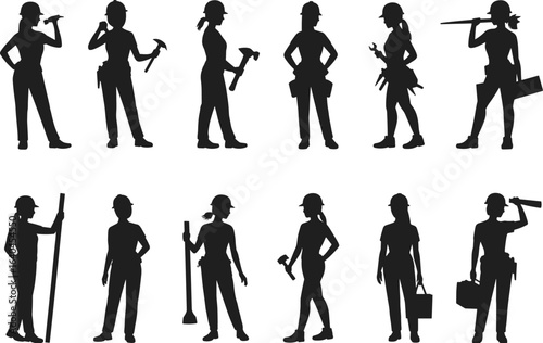 Female construction worker silhouettes with tools, hard hats, standing poses, builder women, tradeswoman icons, labor figures, working women set