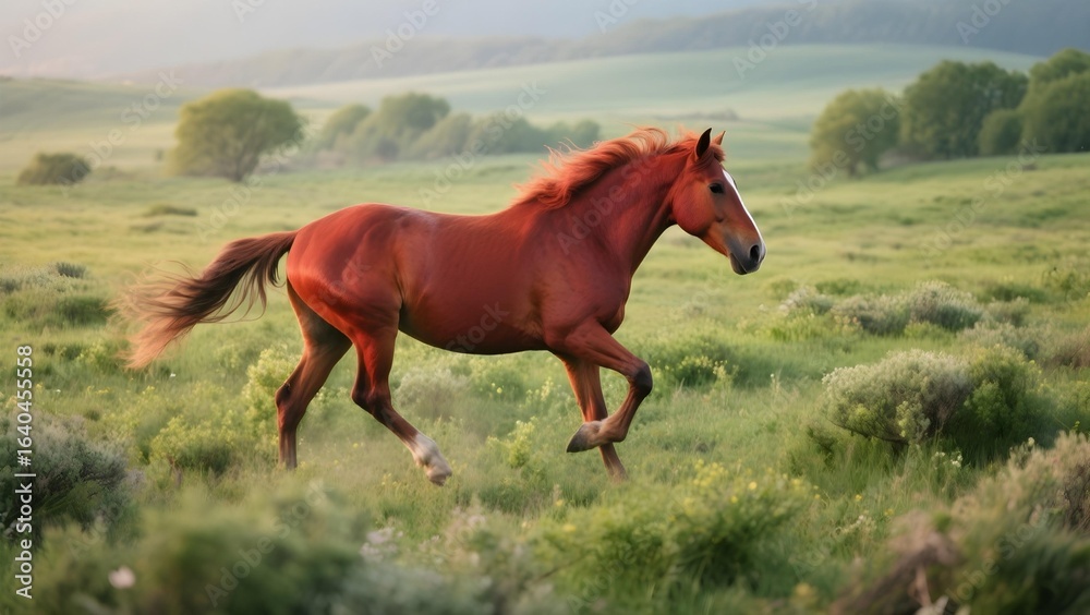 Fototapeta premium Chestnut stallion galloping freely across a lush green meadow on a tranquil morning landscape with
