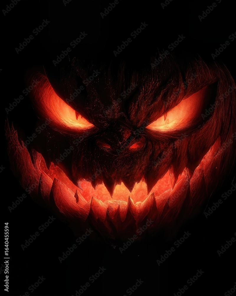 Fototapeta premium A spooky jack-o'-lantern glows with an eerie light. The glowing eyes and a toothy grin create a Halloween atmosphere, perfect for conveying horror and mystery