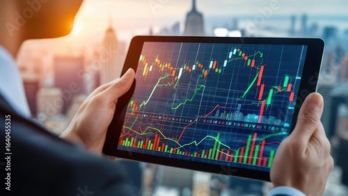 Businessman reviewing stock market data on tablet