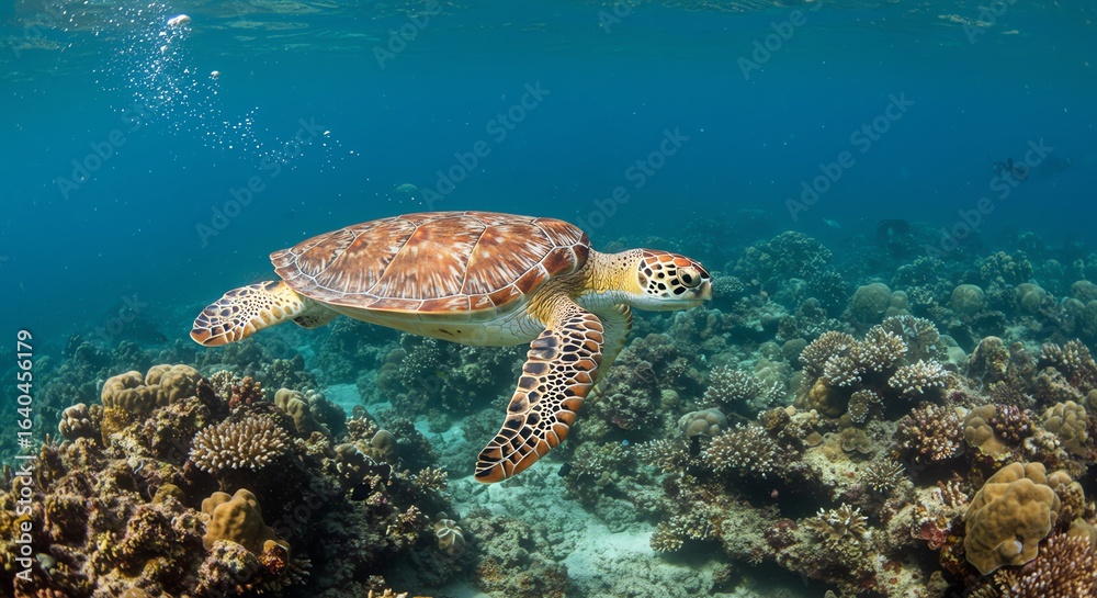 Obraz premium Sea Turtle Swimming Over Coral Reef Underwater Scene in Clear Blue Ocean