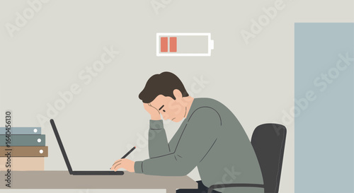 A tired man hunched over a laptop, overwhelmed by work, with a low battery icon overhead.