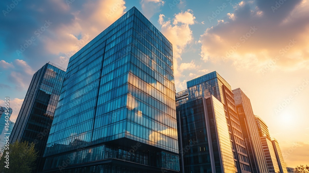 Fototapeta premium Modern glass skyscrapers at sunset