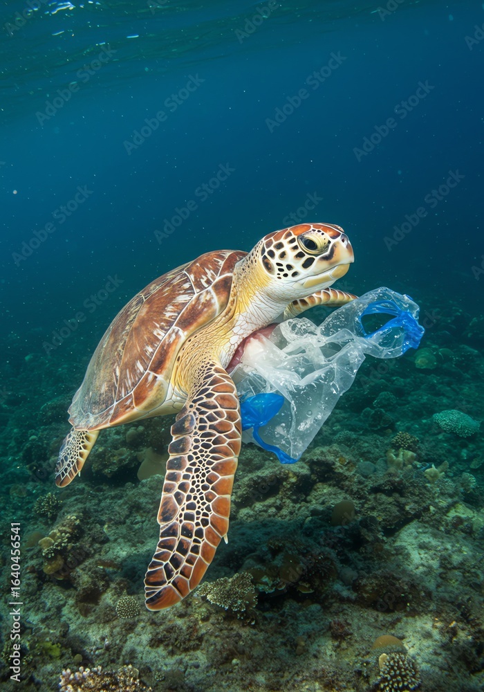 Fototapeta premium Sea Turtle Swimming Underwater with Plastic Bottle in Ocean Reef