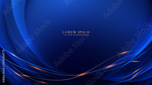 Elegant abstract blue background with golden curves, flowing waves, glitter, and light trails effect