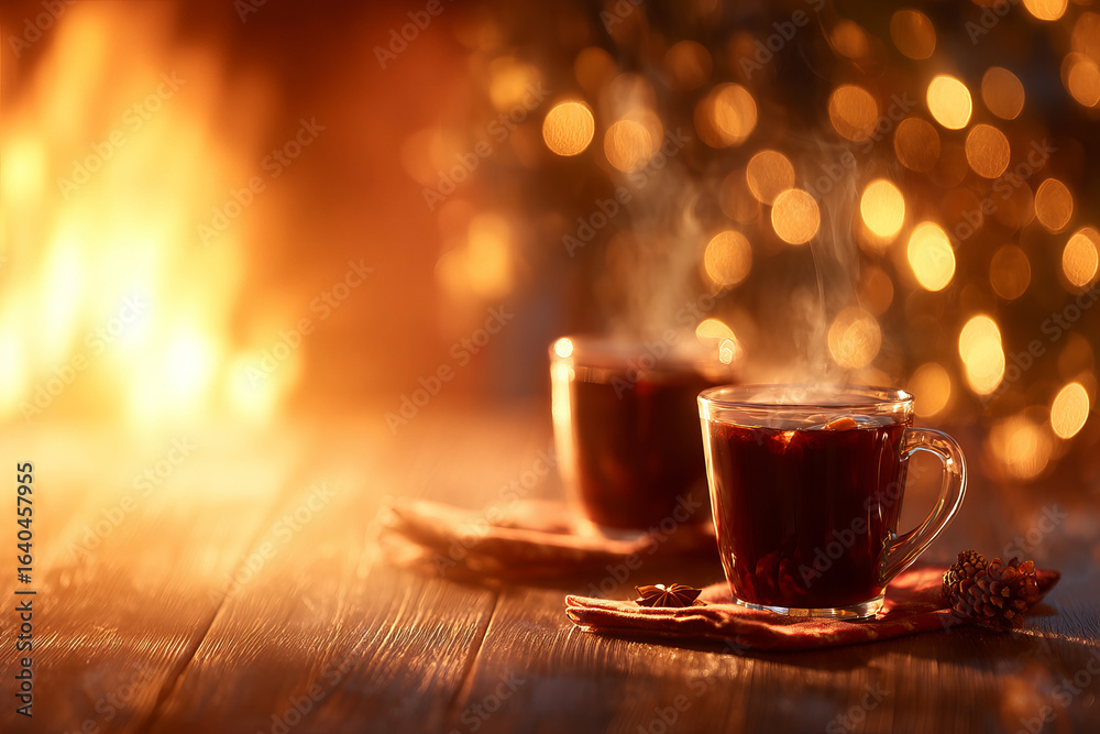 Obraz premium Steaming mugs of mulled wine on wooden table create warm, cozy atmosphere