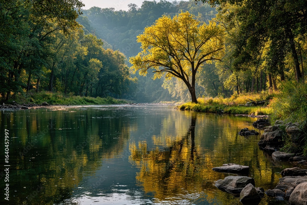 Fototapeta premium Tranquil river reflecting golden tree in serene forest