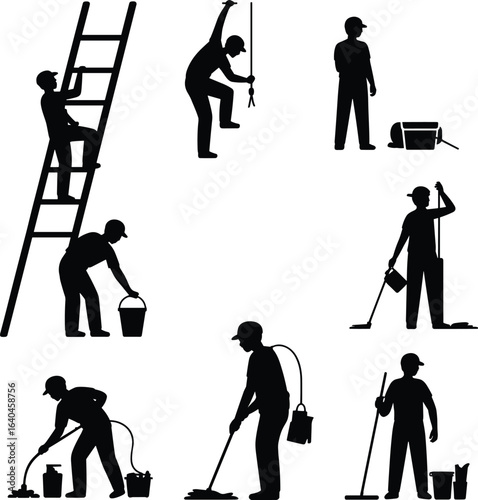 Silhouette of cleaning workers, janitors, ladder climbing, window washing, floor mopping, professional cleaners, maintenance staff, hygiene service, cleaning equipment, workplace safety