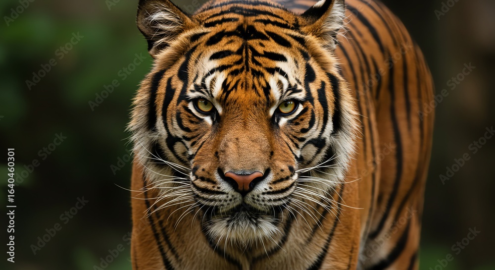 Fototapeta premium Majestic Tiger with Striking Orange Black Stripes in Natural Forest Setting