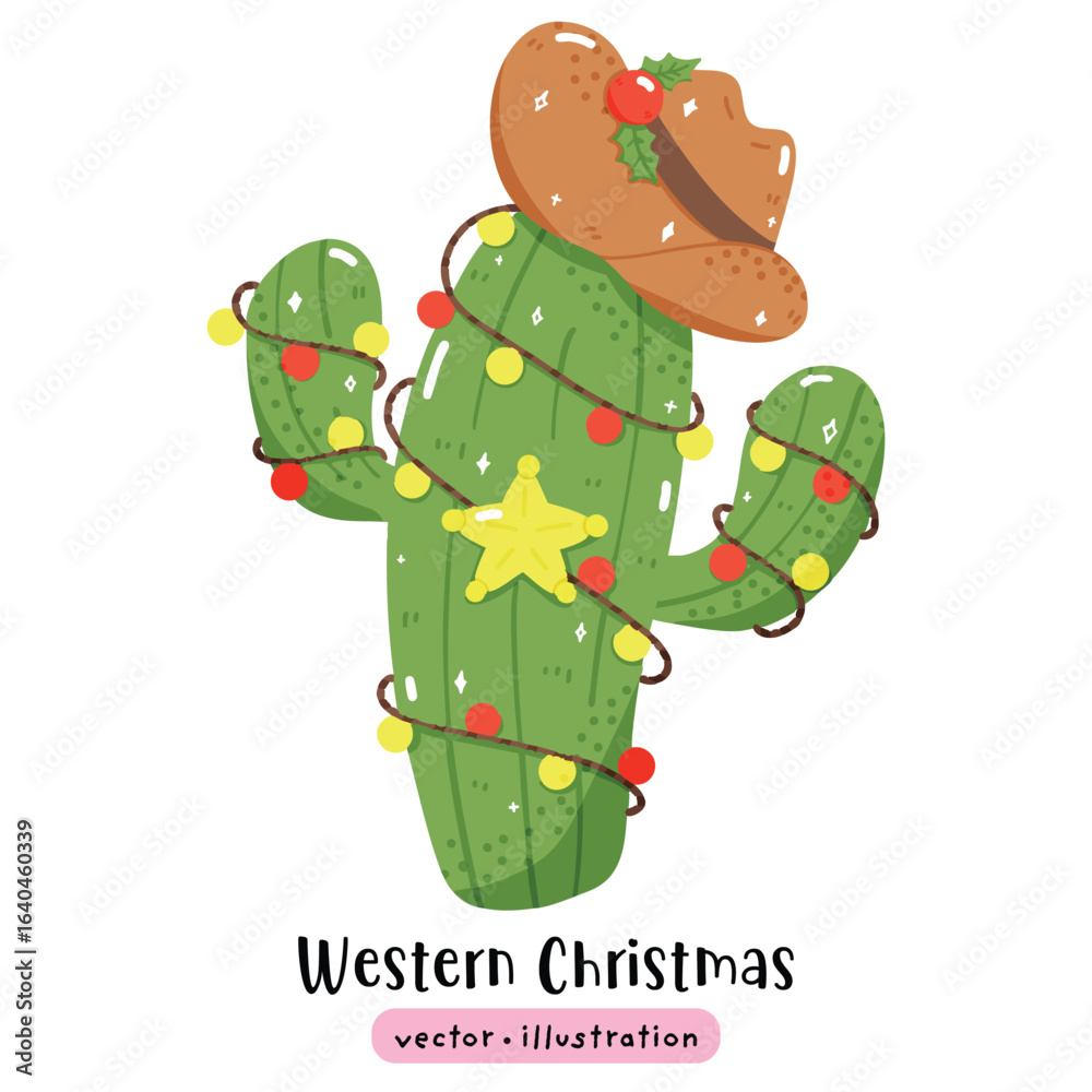 Fototapeta premium Cowboy cactus western christmas cowboy hat vector illustration