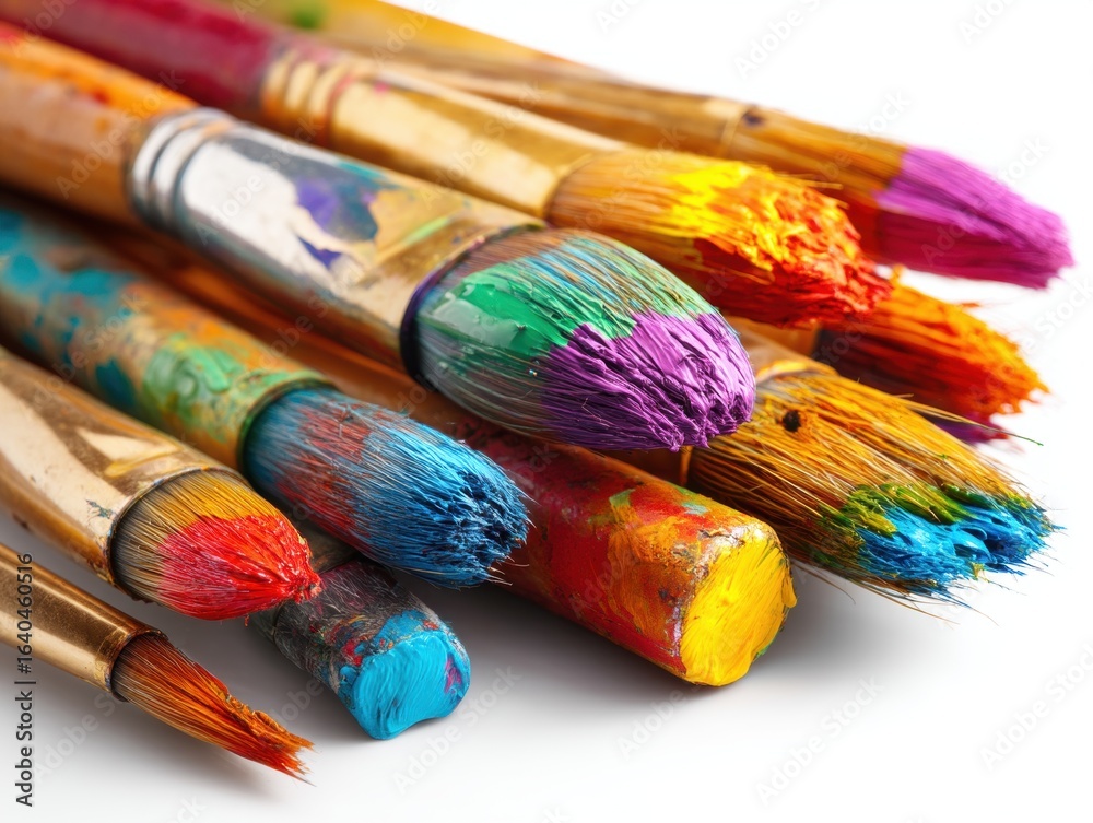 Fototapeta premium Colorful Paint Brushes Covered in Bright Paints for Artists