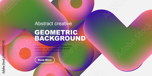 Vibrant abstract shapes overlap, creating dynamic colorful background. Text promotes further exploration via button.