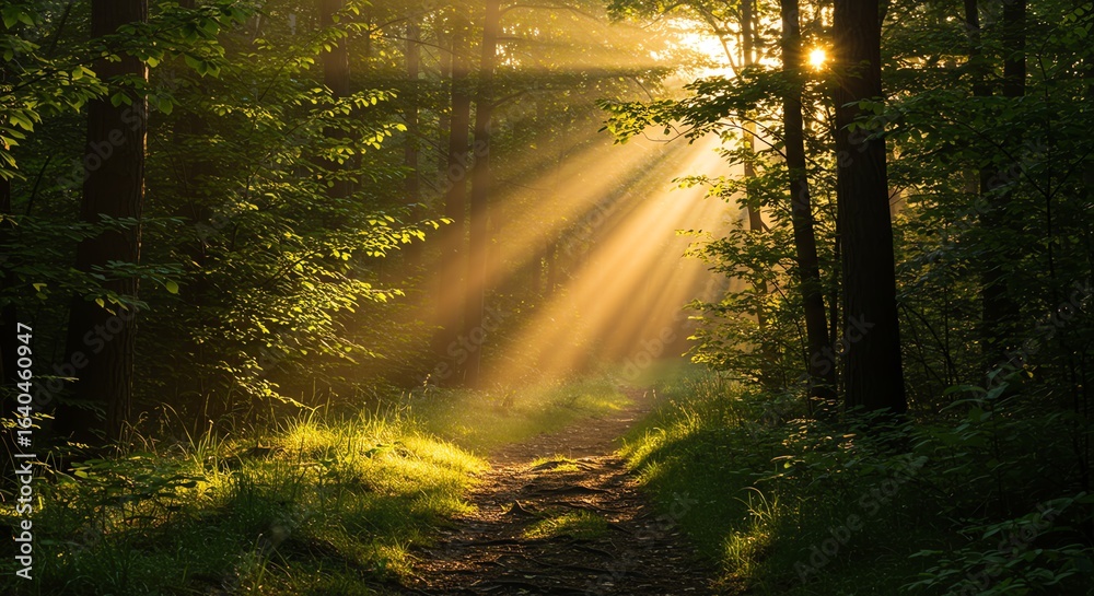 Fototapeta premium Sunlight Rays Filtering Through Green Forest Trees on Nature Trail During Morning
