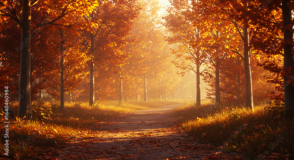 Fototapeta premium Tranquil autumn forest pathway bathed in warm golden sunlight