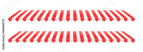 Striped shop window tent set. Store awning pattern collection. Cafe or restaurant roof canopy pack. Red and white stall market place cover. Striped sunshade design template. Vector