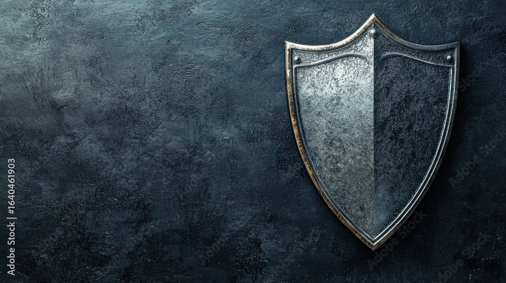 Fototapeta premium A medieval shield with a dark, textured background, featuring a metallic, ornate design.