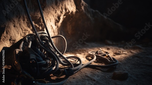 Dimly Lit Climbing Gear and Ropes Against Rock Wall Background