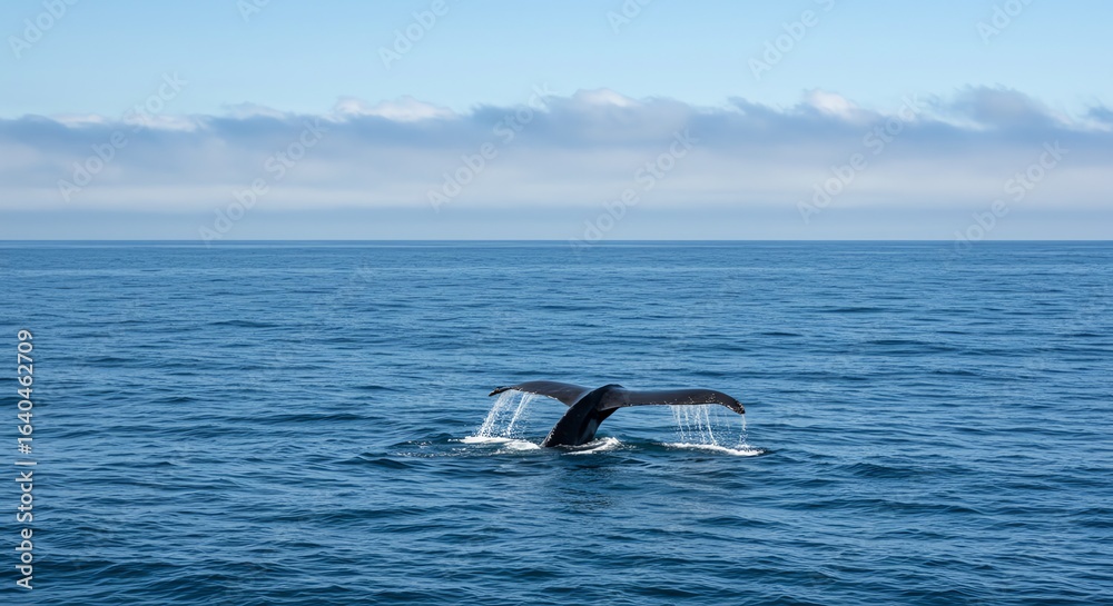 Obraz premium Whale Tail Flipping in Open Ocean Under Blue Sky