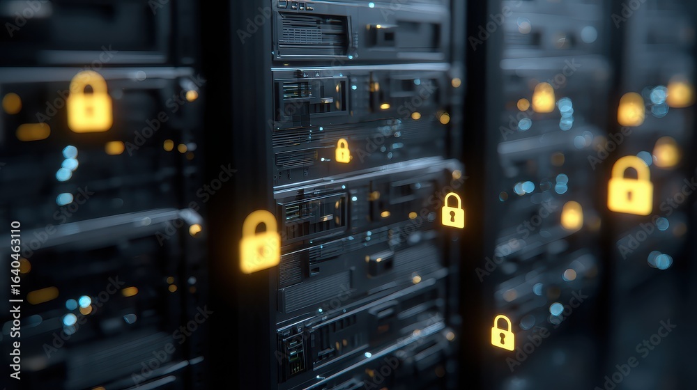 Fototapeta premium Data security with server racks and glowing padlock icons, protection