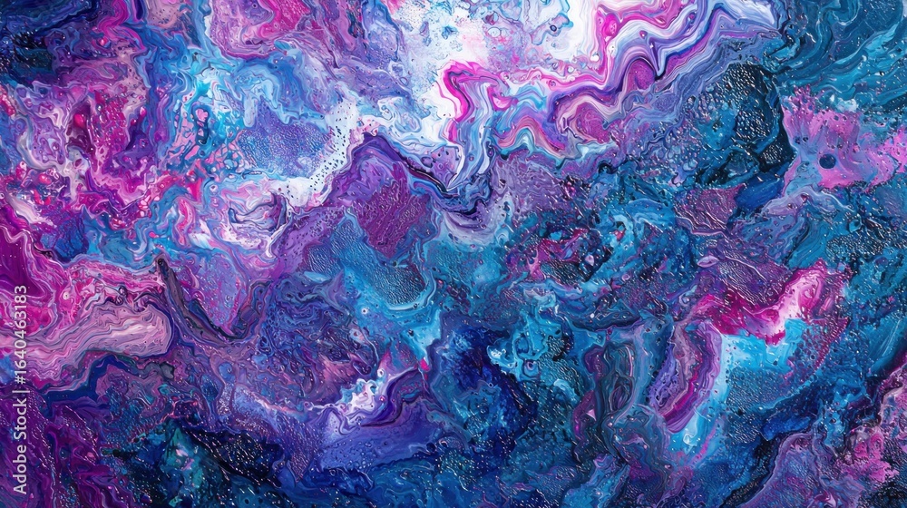 Obraz premium A vibrant, abstract painting with swirling, colorful patterns in shades of blue, purple, and pink.