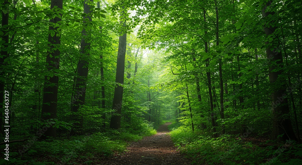Obraz premium Lush Green Forest Path Surrounded by Tall Trees and Dense Foliage in Natural Light