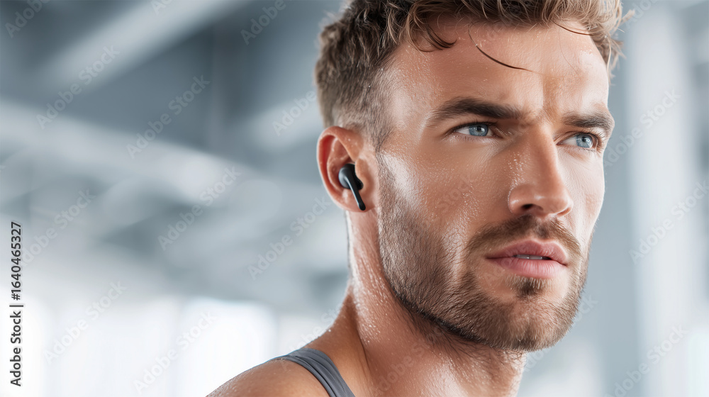 Fototapeta premium Active Listening: Sweaty Athlete with Wireless Earbud