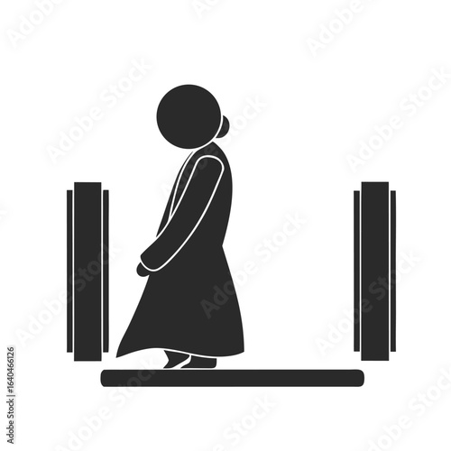 Isolated pictogram sign of loose or long clothing stuck on escalator, for mall, airport, public place safety sign
