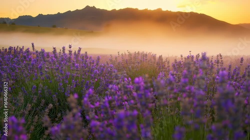 Lavender Fields at Sunrise: A Purple Haze Under Mountain Shadows