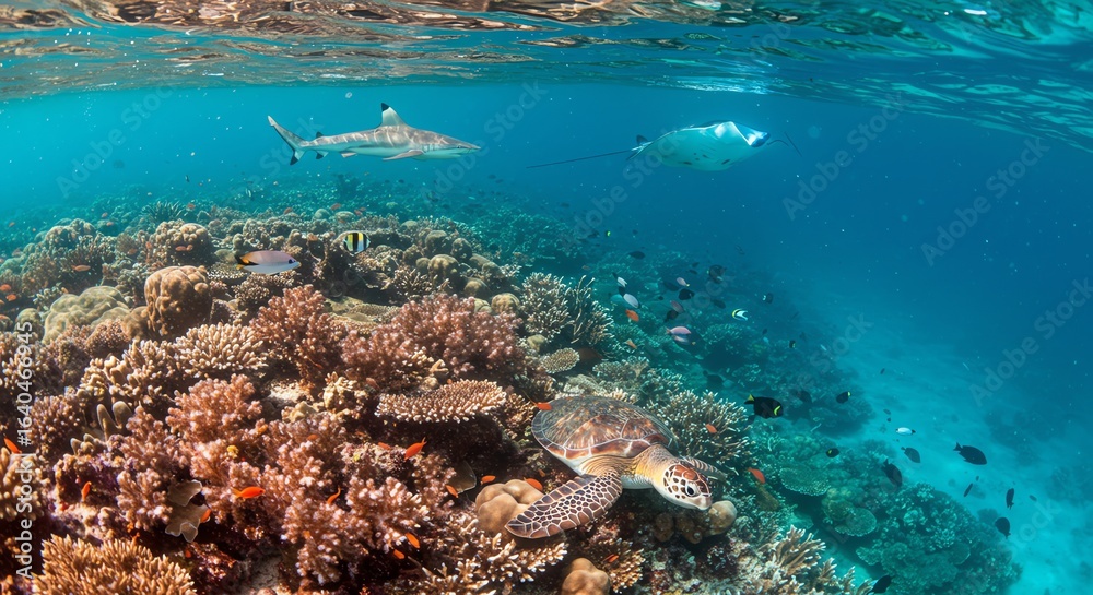 Obraz premium Underwater Scene Featuring Coral Reef Marine Life with Fish Sharks and Turtle in Clear Ocean Water