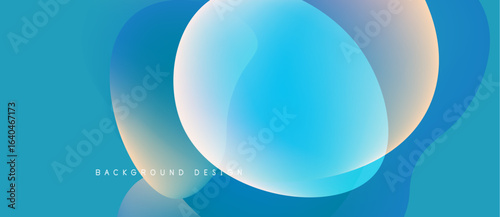 Abstract fluid shapes overlap, creating vibrant blue gradients. Smooth curves suggest motion, modern design aesthetic. Background features text.