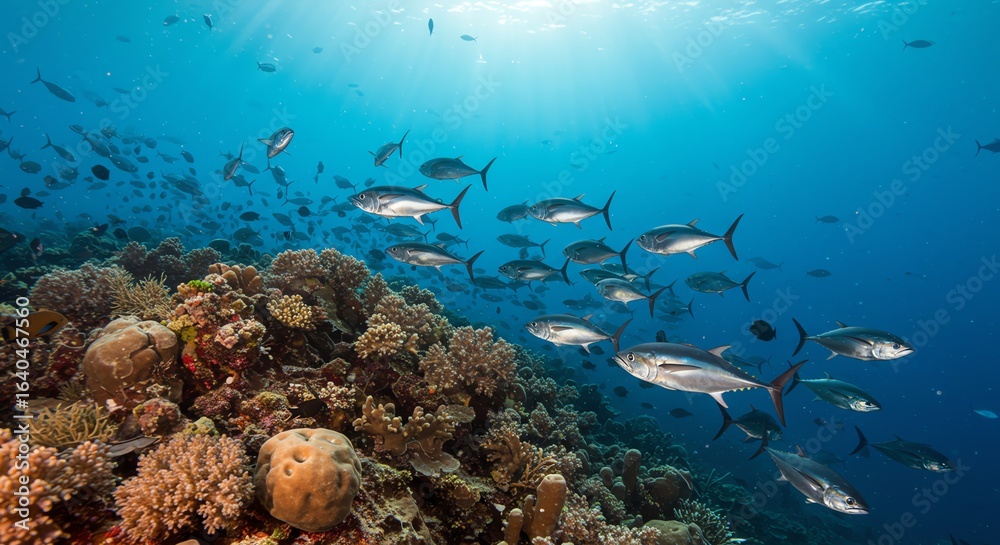 Obraz premium Underwater Coral Reef with School of Silver Fish in Clear Ocean Water
