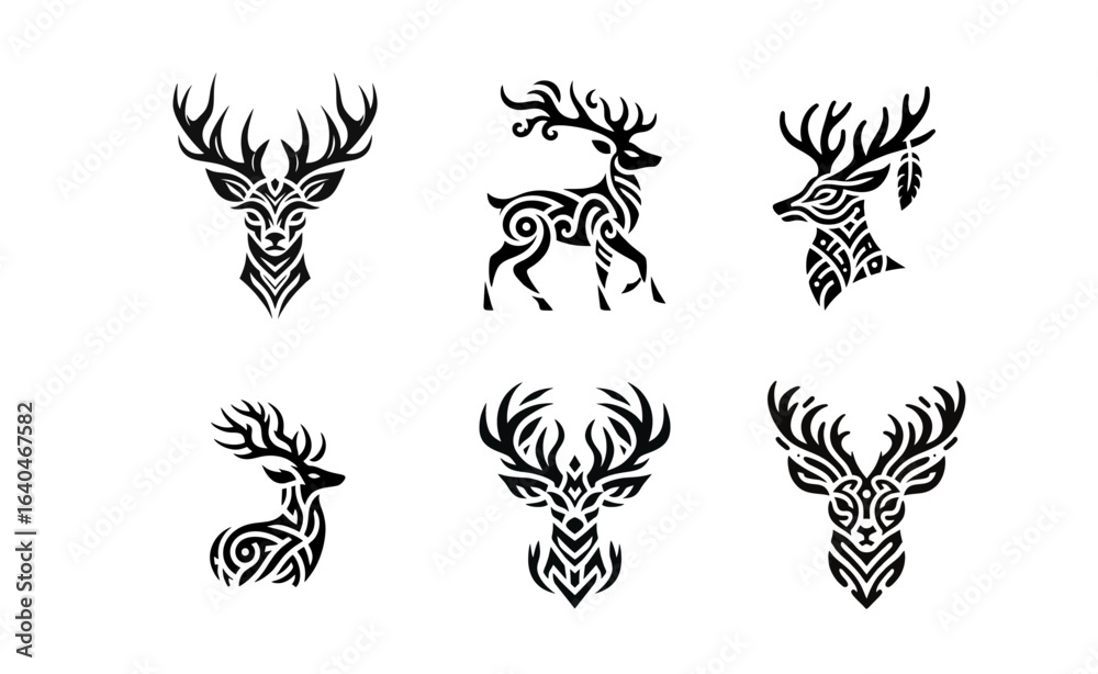 Obraz premium Deer Head Tribal Tattoo Vector Illustration Set