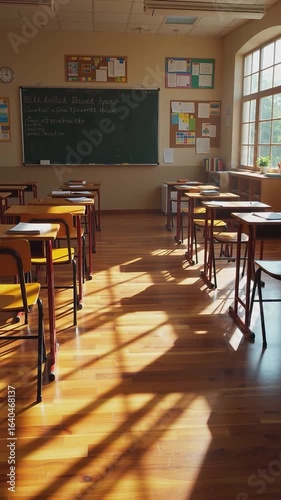 vertical. Empty classroom with wooden desks and chairs, blackboard, and sunlight coming through large window. School education and learning concept. Design for poster, banner, card, invitation, postca