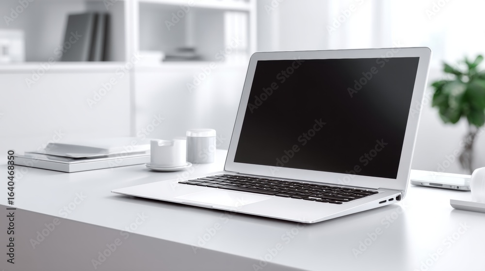 Fototapeta premium Minimalist Workspace Featuring Laptop on Clean White Desk