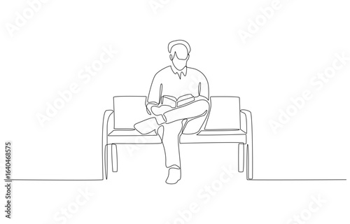 Continuous one line drawing of young man reading book on park bench, symbolizing reading behavior, single line art