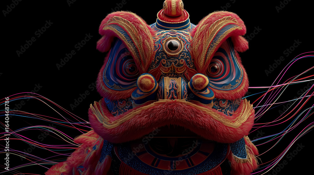 Fototapeta premium Colorful chinese lion dance mask celebrating lunar new year with festive red and gold decorations