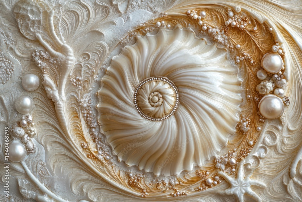 Obraz premium Elegant background with shell, pearls, and golden details in luxury design