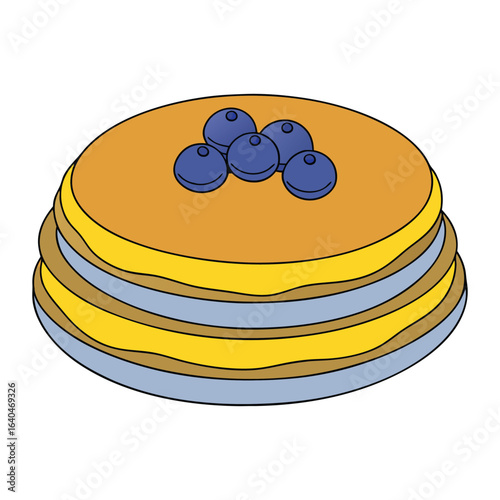 Fluffy blueberry pancakes stacked high, bursting with juicy berries, topped with golden butter and drizzled with sweet maple syrup for a delicious breakfast treat.
