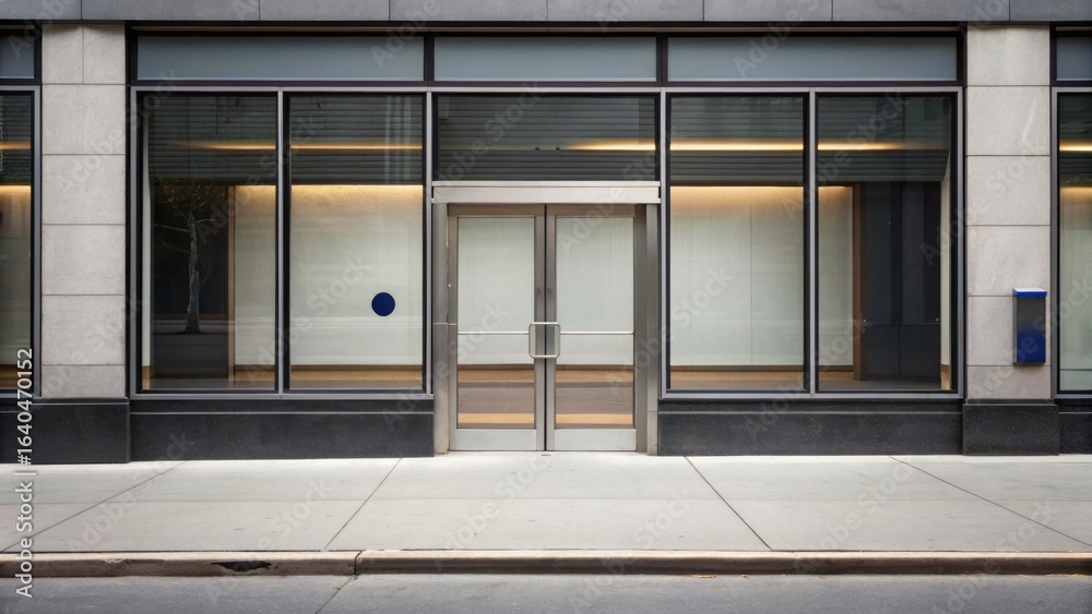 Fototapeta premium Modern glass storefront with minimalistic design and clean lines, featuring large windows and a prominent entrance.