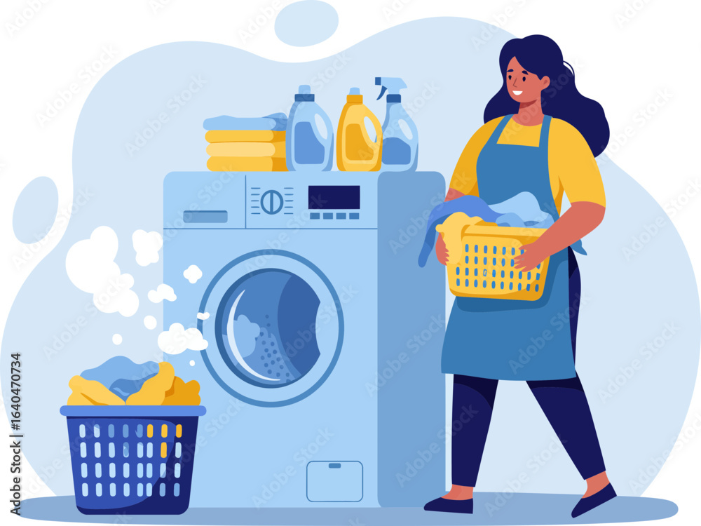 A woman is shown removing a laundry basket full of clothes from a washing machine.