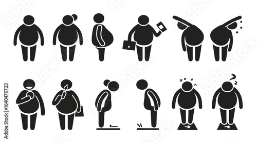Bundle isolated icon fat man and woman, sport, exercise, gym, scale symbol of over weight person
