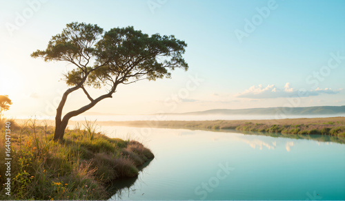 A lone tree stands in the middle of a lake.