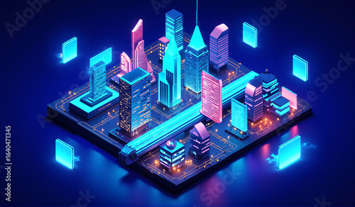 An illustration of a city with a circuit board in the middle.