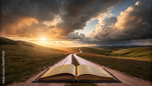 Surreal Landscape with Open Book Turning into Endless Road at Sunset