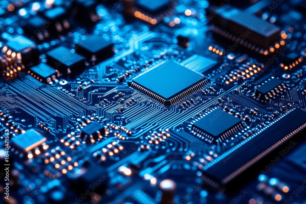 Obraz premium Close-up of intricate circuit board, blue and gold tones